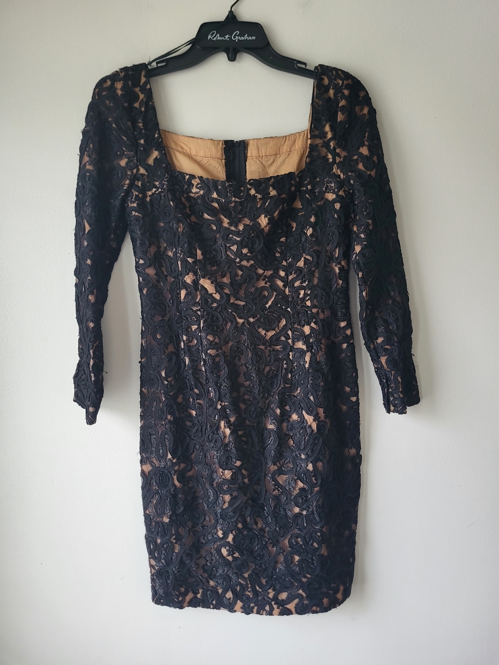 Carmen Marc Valvo Black Lace Over Nude Long Sleeve Sheath Dress